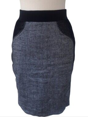 BEBE Linen Blend Knee-Length Pencil Skirt w/Neoprene Mesh Panels Grey/Black Sz 6
